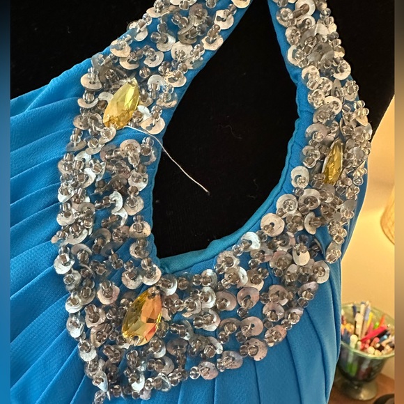 One Shoulder Corset Back Evening Gown/Formal Dress | Turquoise/Blue w/ Sequins - Picture 4 of 16
